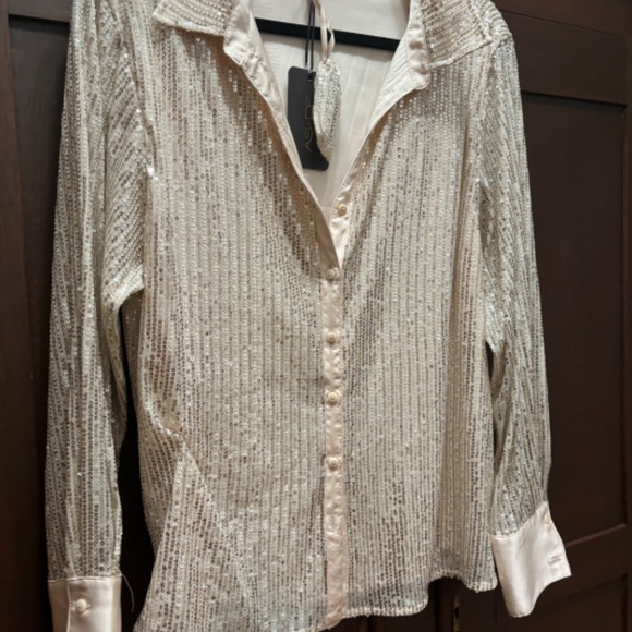NWT ASbyDF Champagne Sequin Camellia Blouse with Satin Cuffs - Size M - Picture 2 of 2